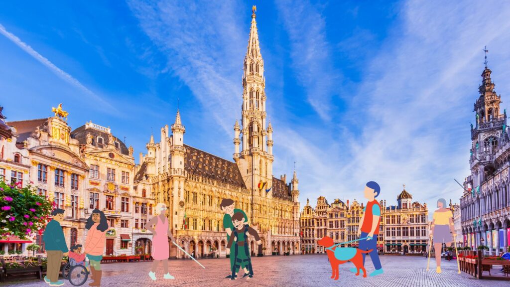 Grand-place de Bruxelles avec des personnages en situation de handicap