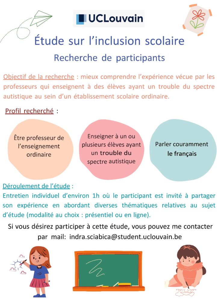 Affiche de recrutement de participants enseignants pour une étude sur l'inclusion scolaire avec illustrations de décoration