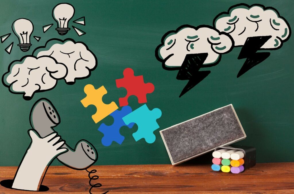 Autisme : l'école en crise :un tableau vert sur lequel sont dessinés de nuages avec des ampoules éclatés et des éclairs, une main tendue qui saisit un téléphone, des pièces de puzzle de plusieurs couleurs