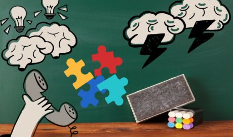 Autisme : l'école en crise :un tableau vert sur lequel sont dessinés de nuages avec des ampoules éclatés et des éclairs, une main tendue qui saisit un téléphone, des pièces de puzzle de plusieurs couleurs