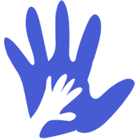 une petite main blanche dans une grande main bleue
