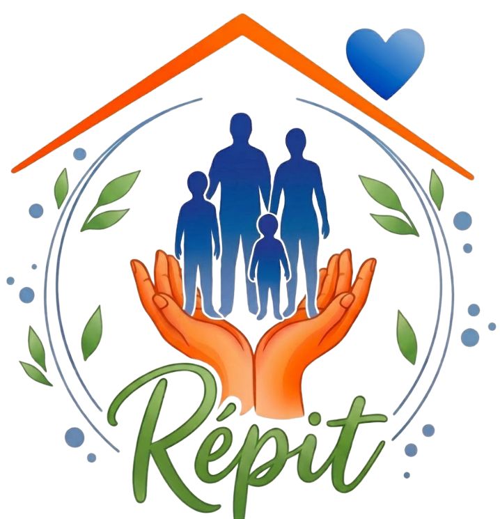 Logo répit : une famille soutenue par 2 mains sous un toit